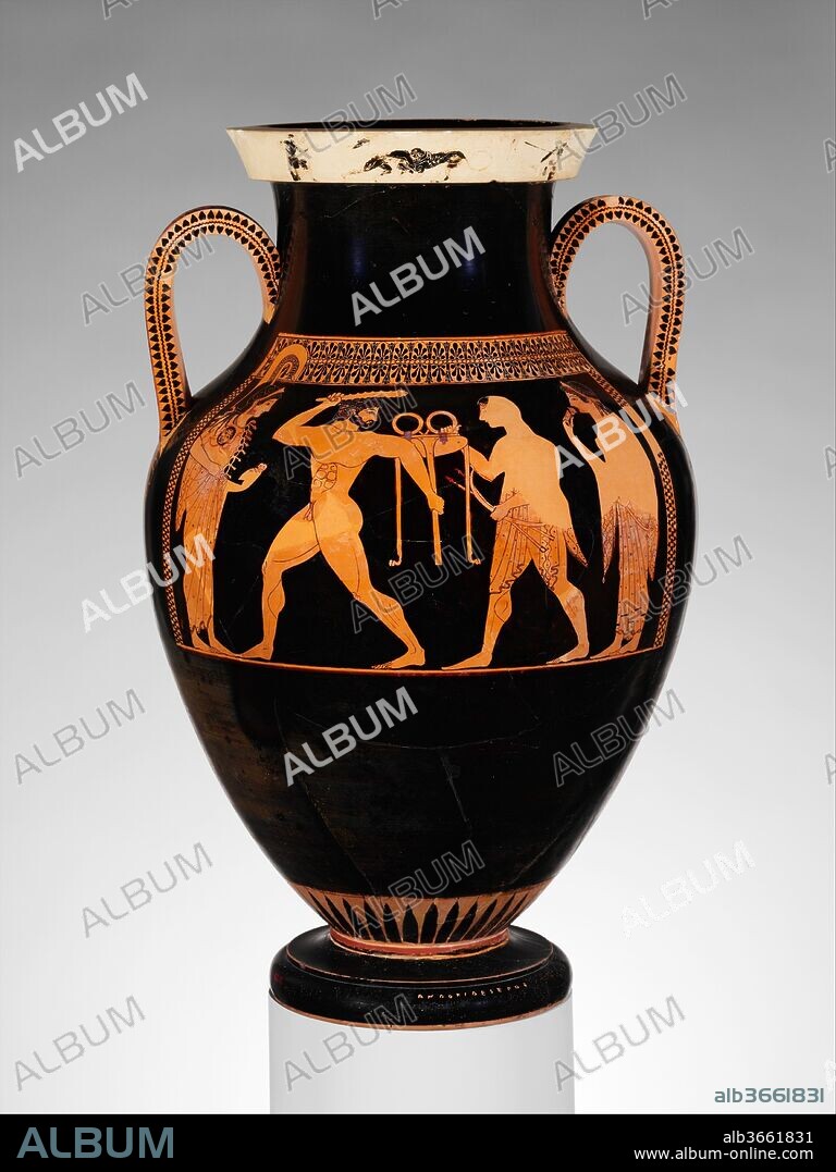 Terracotta amphora (jar). Culture: Greek, Attic. Dimensions: H. 22 5/8 in. (57.5 cm). Date: ca. 530 B.C..
On the body, obverse, Herakles and Apollo vying for possession of the Delphic tripod, which was central to the oracle of Apollo; reverse, Dionysos, the god of wine, between satyr and maenad
On the lip, obverse and reverse, Herakles and the Nemean Lion
The introduction of the red-figure technique is attributed to the workshop of Andokides. While we think of red-figure mainly in terms of drawing, it differs from black-figure also in the very different apportionment of glazed and unglazed surfaces on a vase. The preparation of these surfaces was probably the responsibility of the potter, and for this reason, the new technique is associated with a potter rather than a painter. On some works combining red-figure and black-figure, a single painter seems to have done both; here, however, two different artists are likely. The scene on the obverse depicts the hero Herakles with his club and the god Apollo with bow and arrows, struggling over the Delphic tripod, which Herakles sought to carry off.