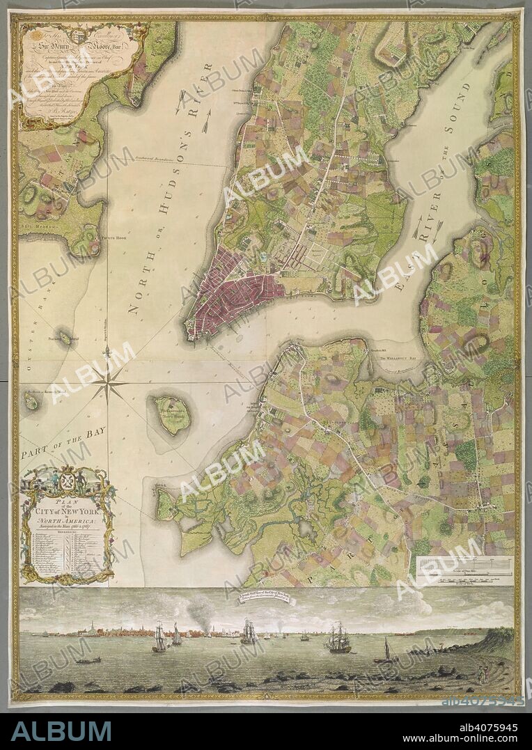 BERNARD RATZER. An 18th century plan of the city of New York. PLAN of the CITY of NEW YORK, in North America : Surveyed in the Years 1766 & 1767 / B. Ratzer, Lieut.t in His Majestys 60th or Royal American Reg.t. [London] : [Thomas Kitchin], [about 1770.]. 1 map on 3 sheets : joined and laid on linen, copperplate engraving with original hand colour ; map 118 x 86 cm; Scale approximately 1:1000. Source: Maps K.Top.121.36.b.