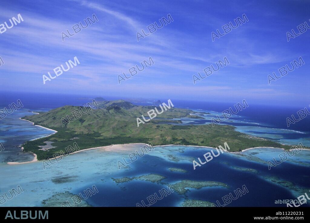 Aerial view of Yasawa Island, one of the driest parts of Fiji, Yasawa group, Fiji, South Pacific islands, Pacific.