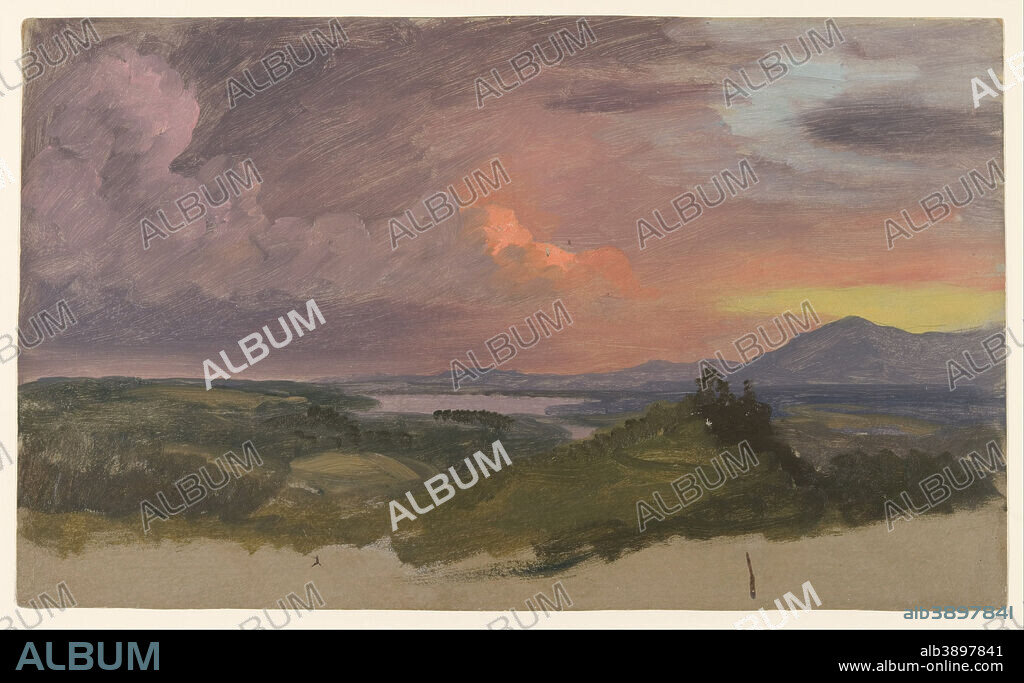 FREDERIC EDWIN CHURCH. Sunset in the Hudson Valley. Date/Period: 1870-75. Drawing. Brush and oil paint on paperboard. Height: 304 mm (11.96 in); Width: 507 mm (19.96 in).