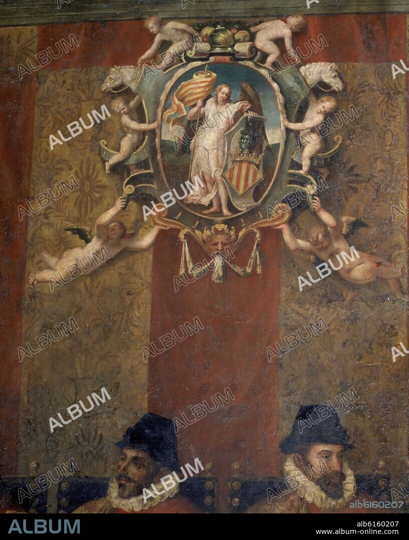 MESTRE VICENTE. SALON DE CORTES - DETALLE DE UN OLEO QUE REPRESENTA EL BRAZO NOBLE DE LAS CORTES DE VALENCIA - ESCUDO DEL REINO DE VALENCIA - SIGLO XVI.