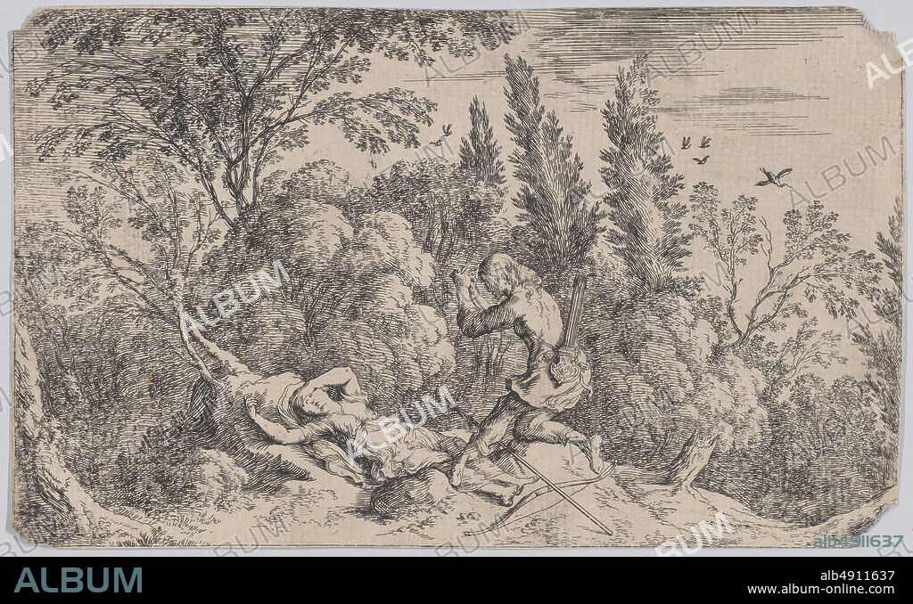 Johann Wilhelm Baur, Plate 70: Cephalus and Procris, from 'Ovid's Metamorphoses', 'Ovid's Metamorphoses', Johann Wilhelm Baur (German, Strasbourg ca. 16001640 Vienna), 1641, Etching, Sheet (Trimmed): 4 7/8 × 8 1/16 in. (12.4 × 20.5 cm), Prints.