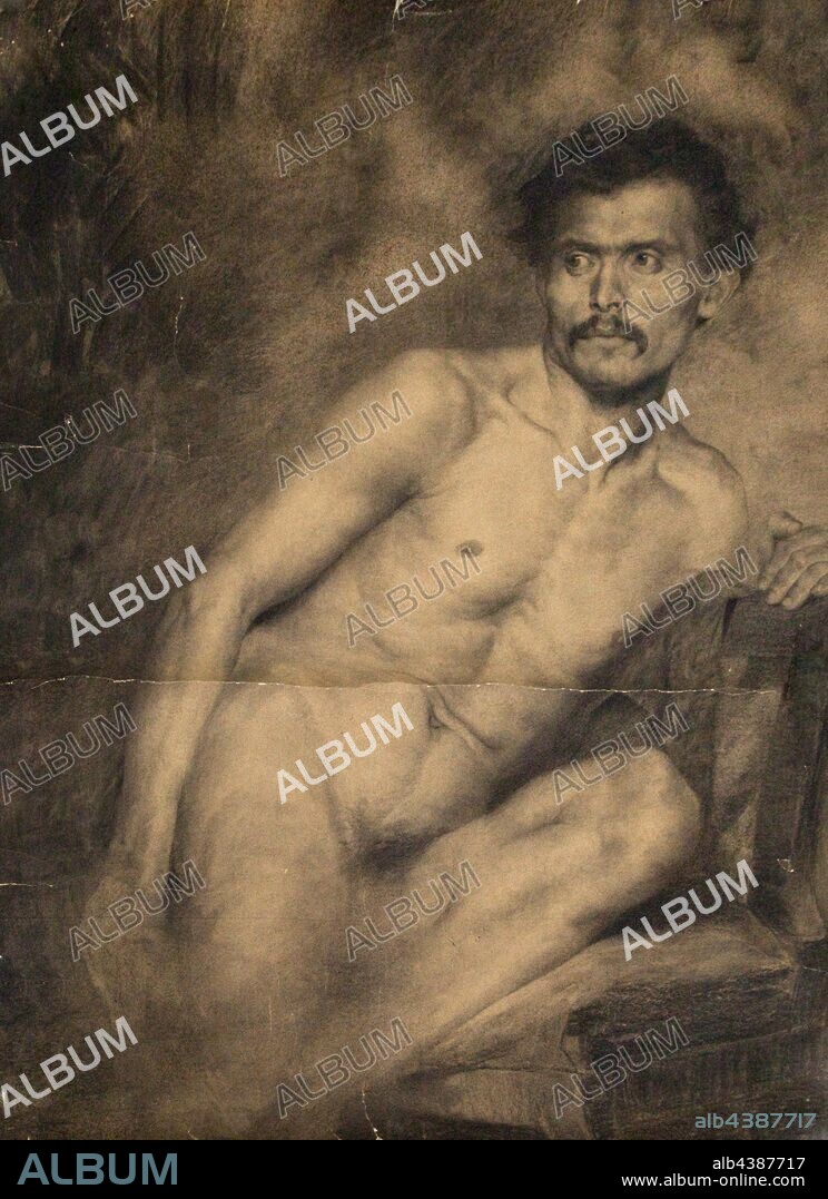Male Nude, Diagonally Posed, Samuel G Richards (American, 1853-1893), 1882, Charcoal On Off-white Paper, 43-1/2 x 33-3/4 in., 110.5 x 85.7 cm., initialed and inscribed in charcoal, L.L.: S.R./MUNICH/JULY 21st/1882.