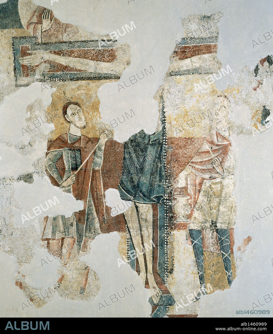 Romanesque Art. Spain. Crucifixion. Mural painting of the Church of Sanint Eulalia from Estaon (Pallars Sobira).  XII century.  Diocesan Museum of La Seu d'Urgell. Lleida province.  Alt Urgell. Catalonia.