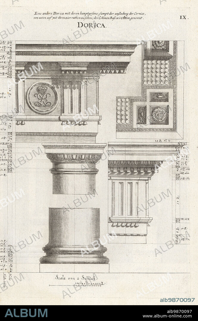 Doric order column with entablature. Dorische Säule mit Gebälkstücken. Copied from Abraham Bosse's Des ordres des colonnes. Copperplate engraving by Johann Franck from Joachim von Sandrarts LAcademia Todesca, della Architectura, Scultura & Pittura, oder Teutsche Academie, der Edlen Bau- Bild- und Mahlerey-Kunste, German Academy of Architecture, Sculpture and Painting, Jacob von Sandrart, Nuremberg, 1675.