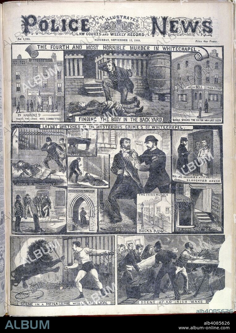 Fourth Whitechapel murder. The Illustrated Police News. Law courts and weekly. London, September 15, 1888. The fourth and most horrible murder in Whitechapel'.  Image taken from The Illustrated Police News. Law courts and weekly record.  Originally published/produced in London, September 15, 1888. . Source: Colindale, front page, number 1,283. Language: English.