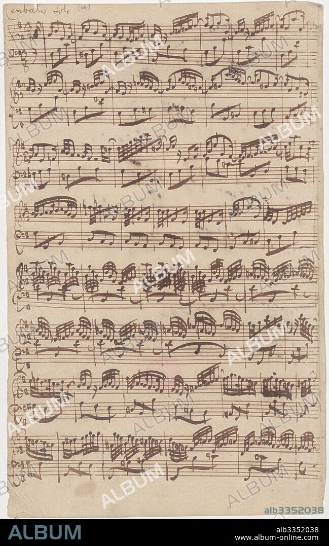 JOHANN SEBASTIAN BACH. Autograph manuscript of the first page of the Allegro for harpsichord solo from the first version of the sixth sonata in E minor.