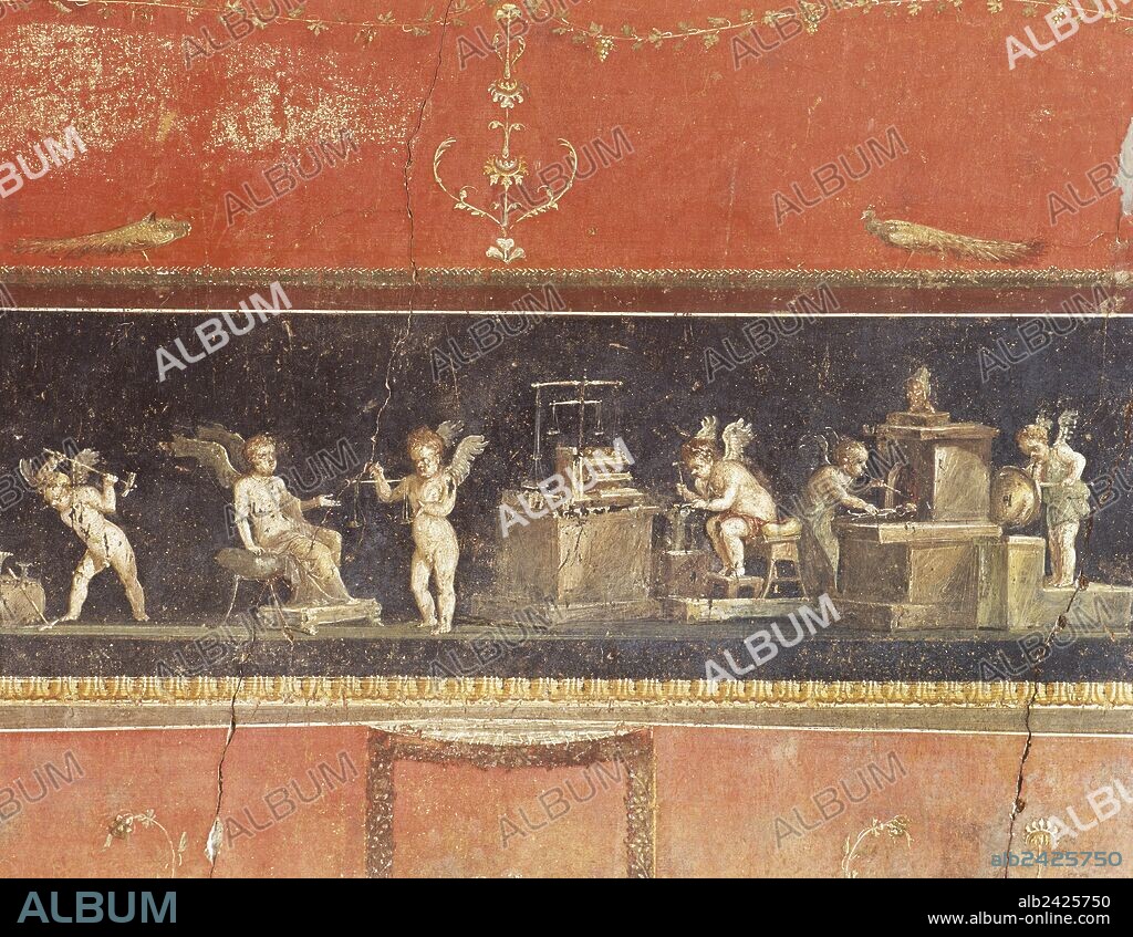 ARTE ROMANO. ITALIA. Fresco romano que decora el friso de las paredes del "Triclinium" de la CASA DE LOS VETTI. Detalle de las representaciones en miniatura de los AMORCILLOS EJERCIENDO DISTINTAS LABORES (ORFEBRES). Siglo I d. C. POMPEYA. La Campania.