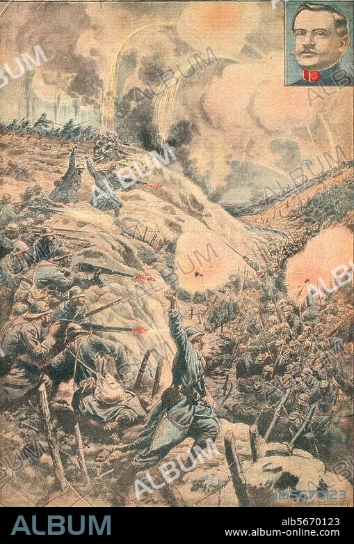 1. Weltkrieg / Frankreich:. Schlacht um Verdun 1916. "L'heroique defense du fort de Vaux / Dans le cadre: Portrait du chef de bataillon, commandant du fort". (Verteidigung von Fort Vaux Juni 1916). Farbdruck. Aus: Le Petit Journal, Supplement illustre, 24. Jg., Paris, 25. Juni 1916. Berlin, Sammlung Archiv für Kunst und Geschichte.