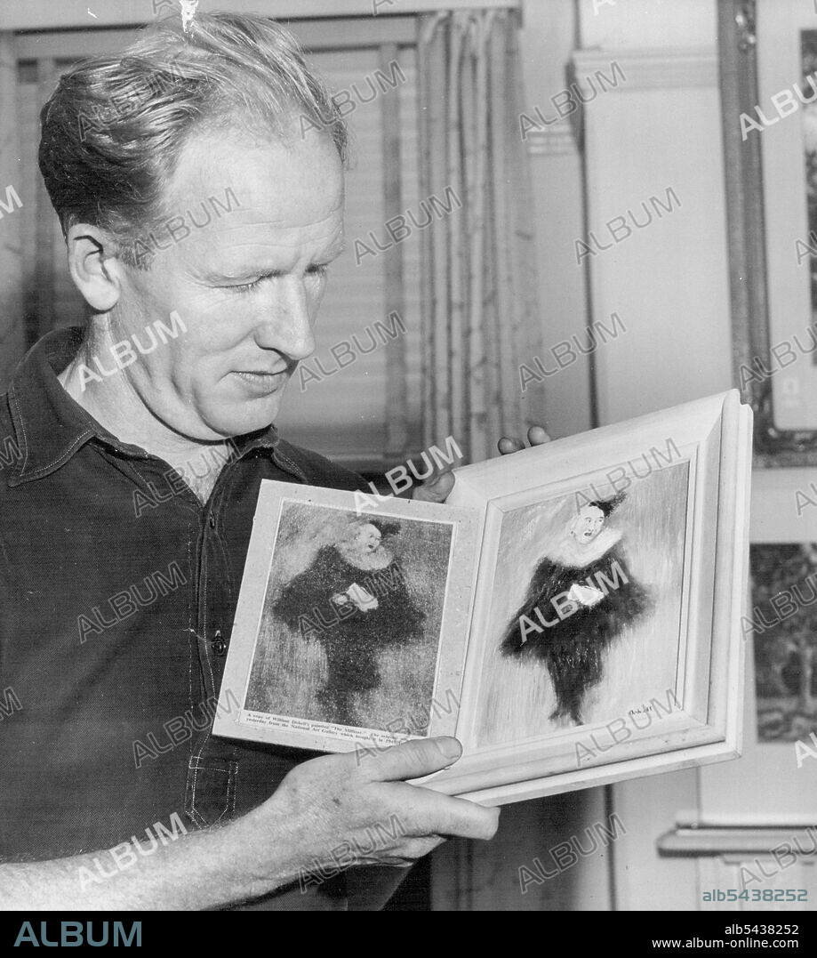 Mr. Tuckson holding the "fake" (right) and a newspaper clipping of a photographic copy of the Dobell original. Mr. Tony Tuckson, the Assist Director of the National Art Gallery holding what he described as being "a very, very bad" copy of William Dobell's "The Little Milliner". The copy was on show at an Exhibition of 10 Guinea Paintings organised by Mr. J.G. Marshal at Killara to-day. Mr. Marshal claimed the "The Little Milliner" was an original. He withdrew the copy from exhibition after Mr. T.
