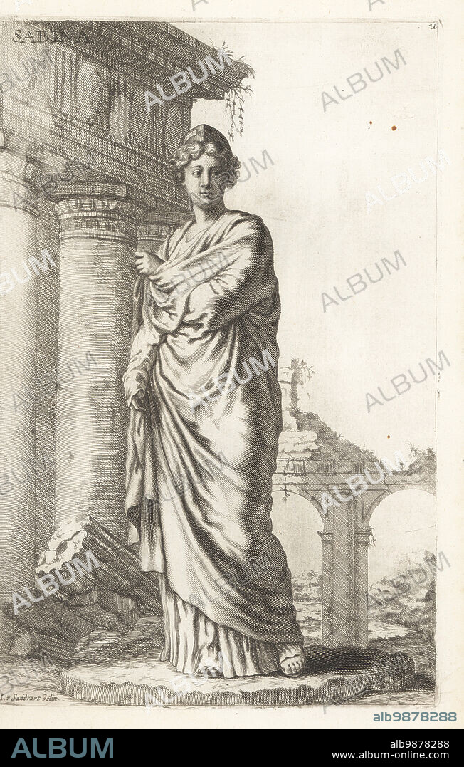 Polyhymnia, Greek Muse of poetry and dance. Standing before a huge arch and broken masonry. From a sculpture in the Galleria Giustiniana. Variously identified as Sabina or Sibylla Cumana. Copperplate engraving after an illustration by Joachim von Sandrart from his LAcademia Todesca, della Architectura, Scultura & Pittura, oder Teutsche Academie, der Edlen Bau- Bild- und Mahlerey-Kunste, German Academy of Architecture, Sculpture and Painting, Jacob von Sandrart, Nuremberg, 1675.