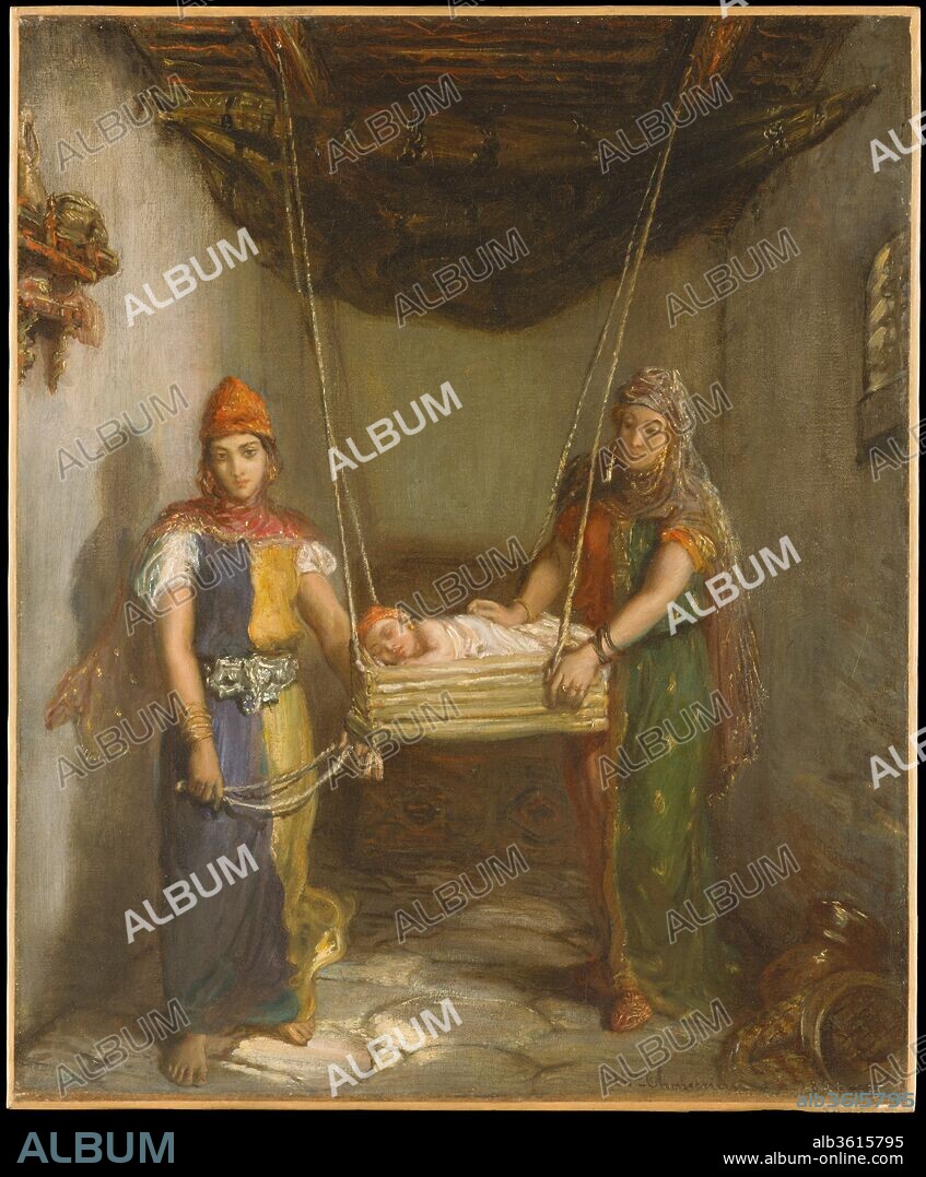 THEODORE CHASSERIAU. Scene in the Jewish Quarter of Constantine. Artist: Théodore Chassériau (French, Le Limon, Saint-Domingue, West Indies 1819-1856 Paris). Dimensions: 22 3/8 x 18 1/2 in. (56.8 x 47 cm). Date: 1851.
Chassériau witnessed this scene and sketched it in his notebook during a trip to Algeria in 1846. From the ancient town of Constantine he wrote, "I have seen some highly curious things: primitive and overwhelming, touching and singular. At Constantine, which is high up in some enormous mountains, one sees the Arab people and the Jewish people [living] as they were at the beginning of time." The Jewish women of North Africa were especially attractive subjects for European painters because they did not wear veils.