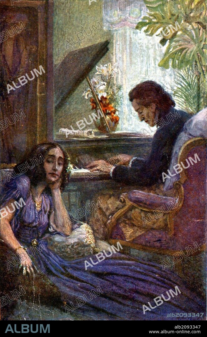Frederic Chopin at the piano with Georges / George Sand - painting by A. Karpellus. Sand, French Novelist. Polish composer (1810-1849) From early 20th century postcard published in Germany.