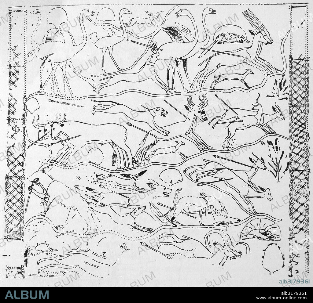 depiction of hunting from the tomb of Rekhmire, an ancient Egyptian noble and official of the 18th dynasty who served as "Governor of the Town" (Thebes) and Vizier during the reigns of Thutmosis III and Amenhotep II.