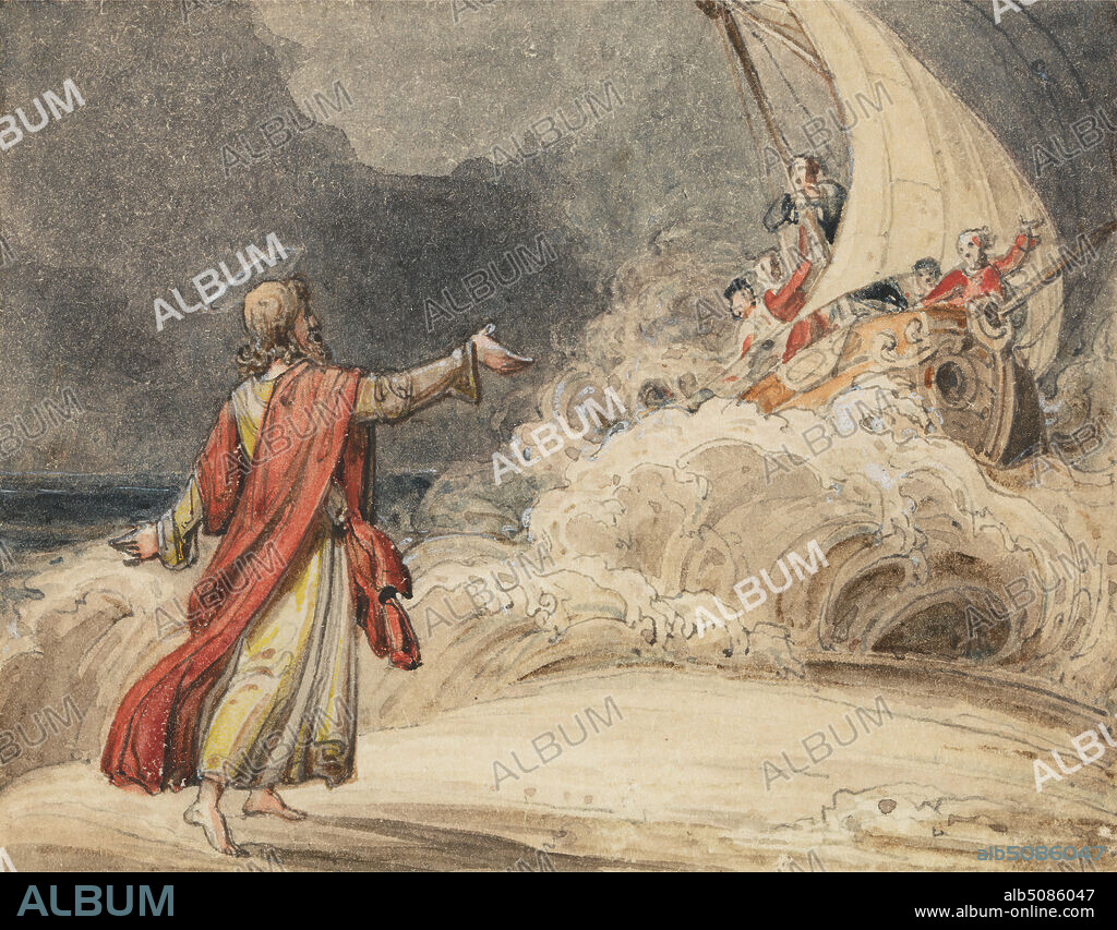 Christ Stilling the Tempest, Attributed to John Martin, 17891854, British, undated, Watercolor, pen and black ink, gouache, and graphite on medium, slightly textured, cream wove paper, Sheet: 2 1/8 x 2 3/4 inches (5.4 x 7 cm), apostles, clouds, disciples, faith, halo, miracle, New Testament, red, religious and mythological subject, sails, salvation, sea, ship, storm, storms, walking, waves (natural events).