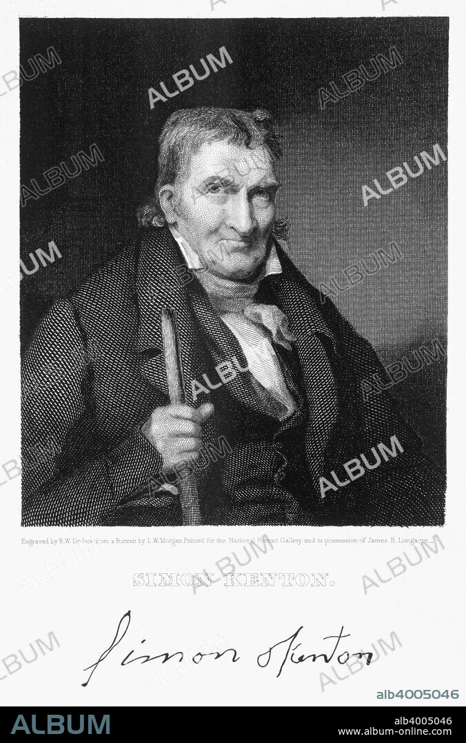 Simon Kenton, American frontiersman, 19th century. Kenton (1755-1836) was a contemporary and friend of Daniel Boone, whose life he saved at the siege of Boonesborough in 1778 during the American Revolutionary War.