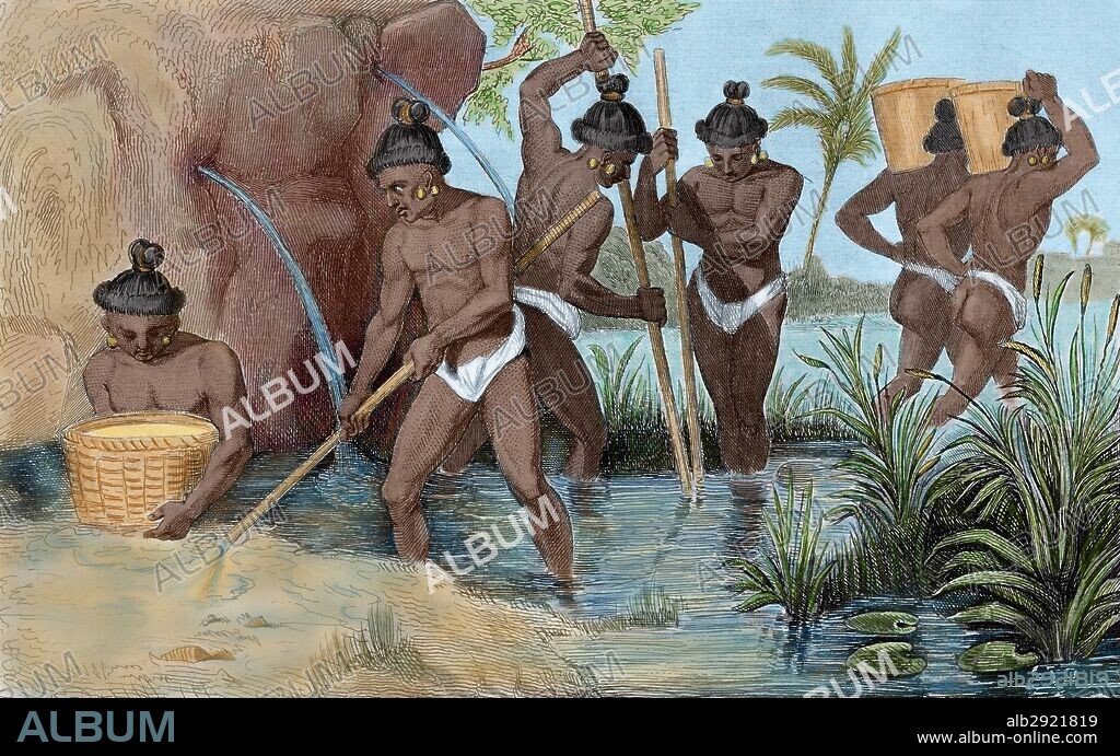 CONQUISTA ESPAÑOLA. AMERICA. SIGLO XVI. FLORIDA. "HABITANTES DE LA FLORIDA RECOGIENDO ORO" (en tiempos de la conquista). En 1512 Juan Ponce de León, conquistador y explorador español, descubrió la Península de la Florida y de la que tomó posesión en nombre de la Corona española. Grabado francés del año 1844. Dibujo de Demoraine y grabado por Taillant. Coloreado.