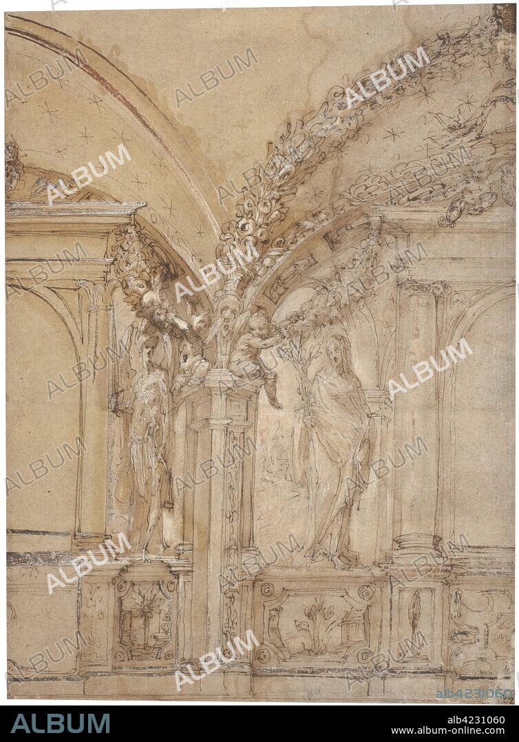 Giovanni de Vecchi / 'Alzado arquitectónico de un interior, con dos triforios y parte de una bóveda; putti con guirnaldas de frutas y efigies de San Miguel y de la Virgen Anunciada'. Segunda mitad del siglo XVI. Aguada amarillenta, Aguada parda, Albayalde, Pluma, Tinta parda sobre papel, 225 x 163 mm.