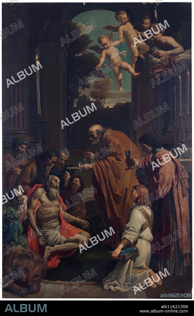 LUIS ÁLVAREZ CATALÁ. Luis Álvarez Catalá (Obra copiada de: Domenichino) / 'Última comunión de san Jerónimo o El viático de san Jerónimo'. 1869. Óleo sobre lienzo, 208 x 135 cm.