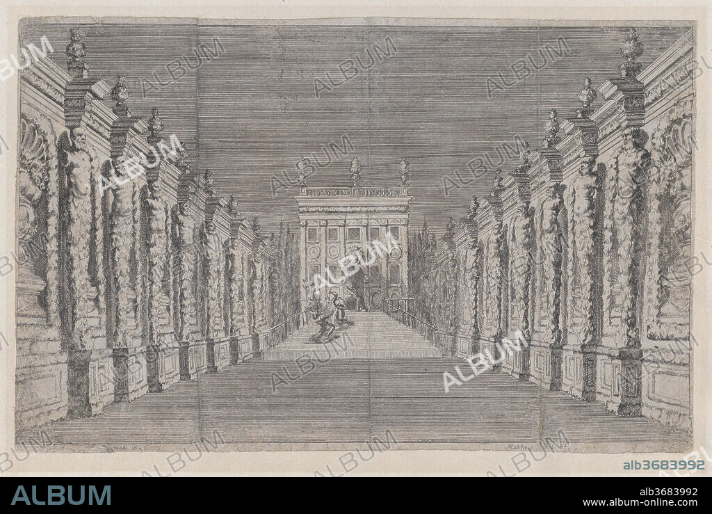 Theatrical scene with four figures on a staircase in the distance, two of which are engaged in a brawl. Artist: Mathäus Küsel (German, 1621-1682); after Ludovico Ottaviano Burnacini (Italian, Mantua 1636-1707 Vienna (active Austria)). Dimensions: Sheet (Trimmed): 6 15/16 × 10 13/16 in. (17.6 × 27.5 cm). Date: ca. 1660-82.
Theatrical scene after set designs by Ludovico Burnacini.