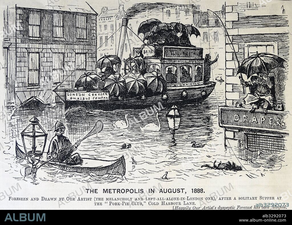 Punch's view of London in August, during the very wet summer of 1888. Cartoon by George du Maurier from Punch. 1888.