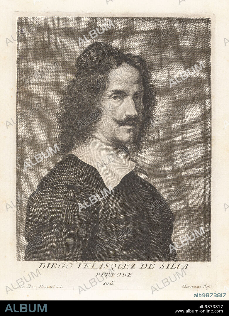 Diego Rodríguez de Silva y Velázquez, Spanish painter, the leading artist in the court of King Philip IV of Spain and Portugal, and of the Spanish Golden Age, 1599-1660. Diego Velasquez de Silva, Pittore. Copperplate engraving by Girolamo Rossi after Giovanni Domenico Ferretti after a self portrait by the artist from Francesco Moucke's Museo Florentino (Museum Florentinum), Serie di Ritratti de Pittori (Series of Portraits of Painters) stamperia Mouckiana, Florence, 1752-62.