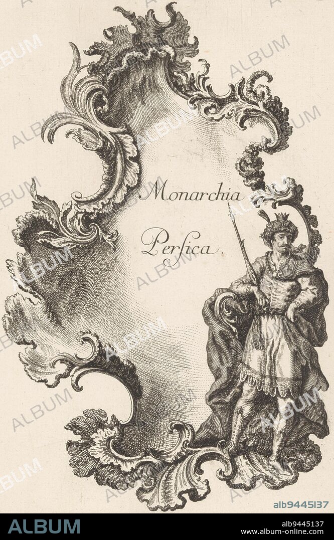 Personification of the Persian Empire in a rocaille cartouche. On the right stands an oriental looking man with crown and turban, in his right hand he holds a sceptre. Publisher's issue 33., Persian Empire Monarchia Persica, Monarchies (series title), print maker: Jakob Gottlieb Thelott, intermediary draughtsman: Johann Gottfried Haid, (mentioned on object), publisher: Johann Georg Hertel (I), (mentioned on object), Augsburg, 1745, paper, etching, h 300 mm × w 198 mm.