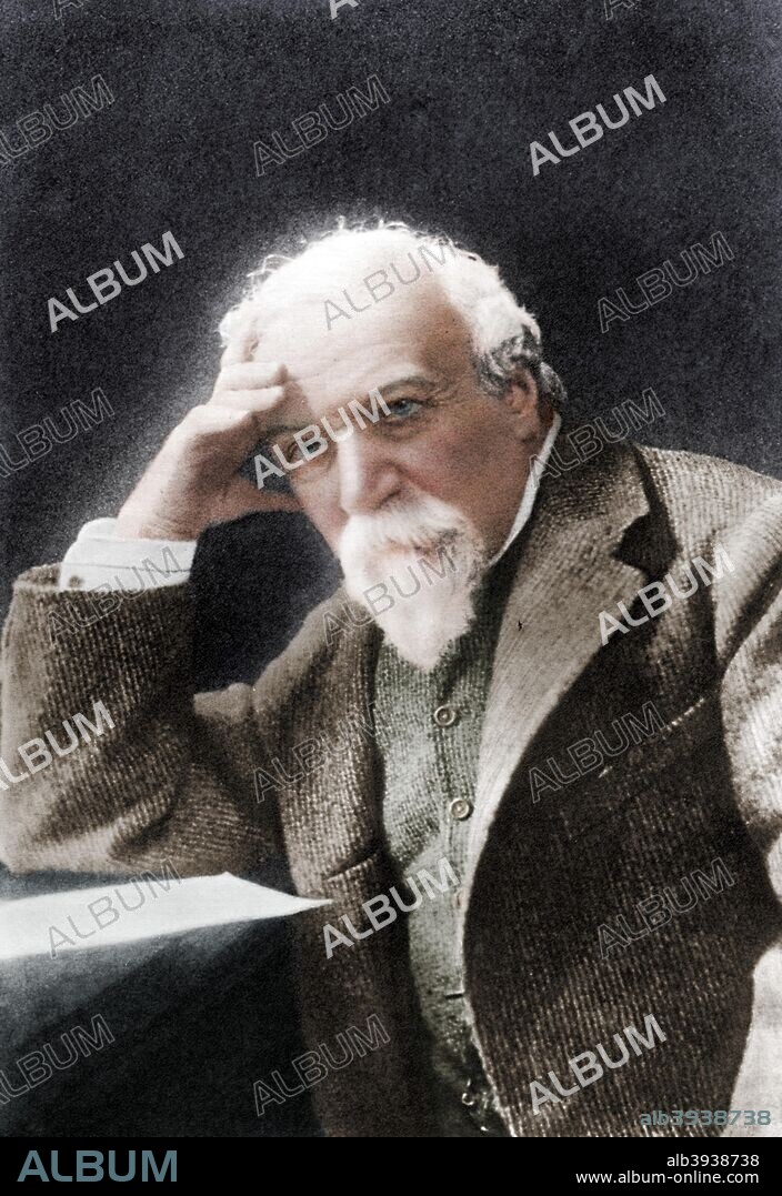 Robert Browning, English poet and playwright, late 19th century. Born in Camberwell, London, Browning (1812-1889) published his first poem Pauline in 1833 and achieved his first critical success with the long dramatic poem Paracelsus in 1835. In 1846 he eloped with the poet Elizabeth Barrett and they settled in Italy. (Colorised black and white print).