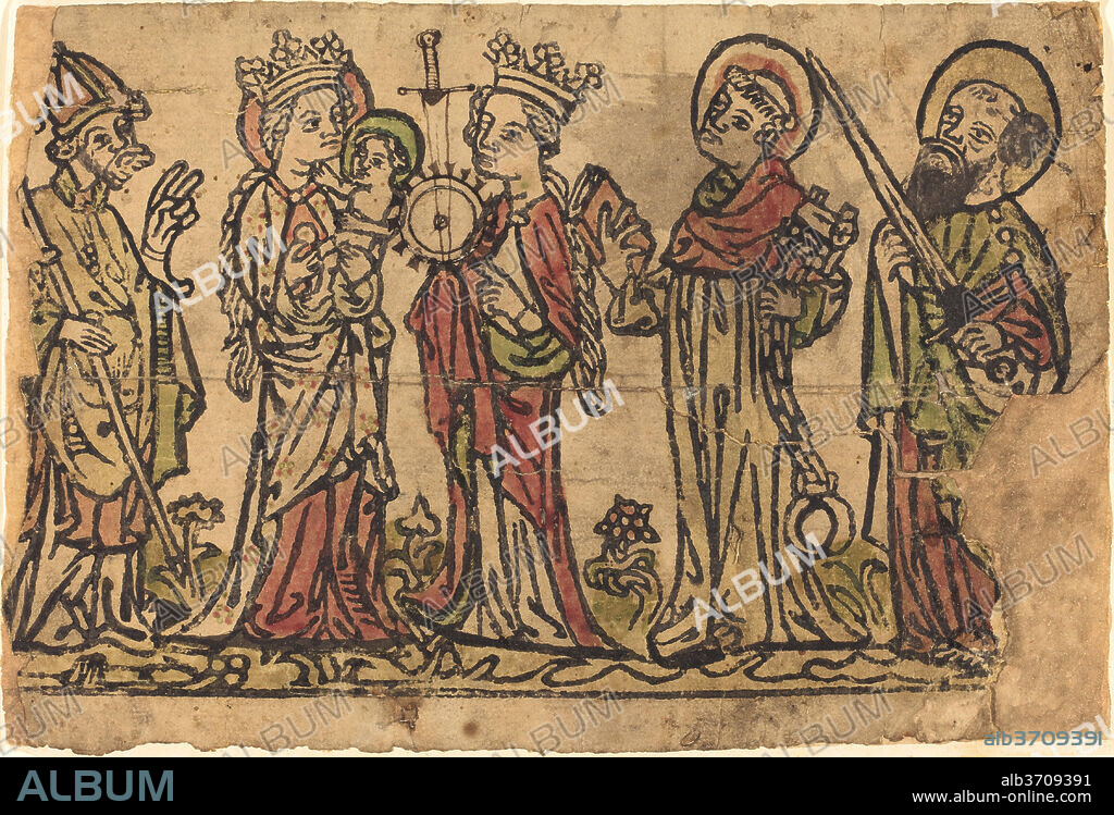GERMAN 15TH CENTURY. Madonna and Child with Four Saints. Dated: c. 1410/1430. Medium: woodcut, hand-colored in red, green, and yellow; retouched in pen and ink.