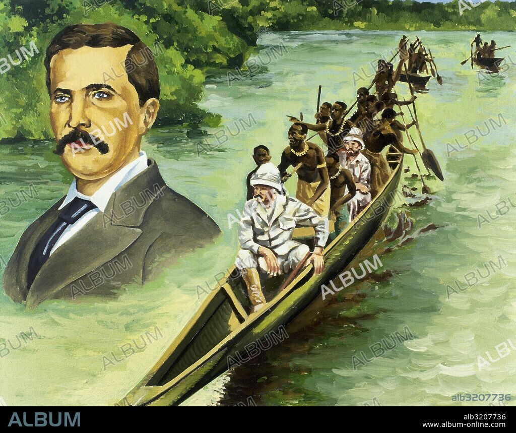Africa. The British explorers Henry Morton Stanley (1799-1869) and David Livingstone (1813-1873) in a canoe on the Congo River. Watercolor.