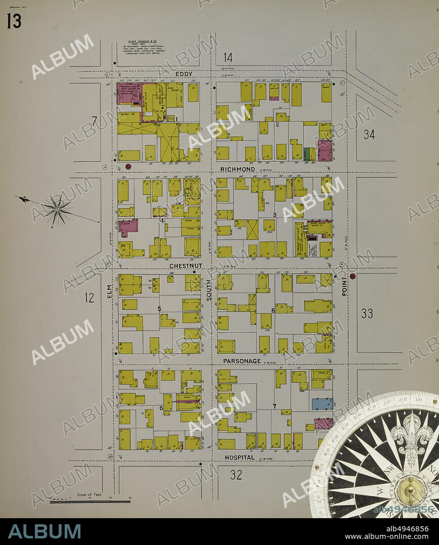 Image 22 of Sanborn Fire Insurance Map from Providence, Providence County, Rhode Island. 1889-1900 Vol. 1. 105 Sheet(s). 8 skeleton maps. Bound, America, street map with a Nineteenth Century compass.