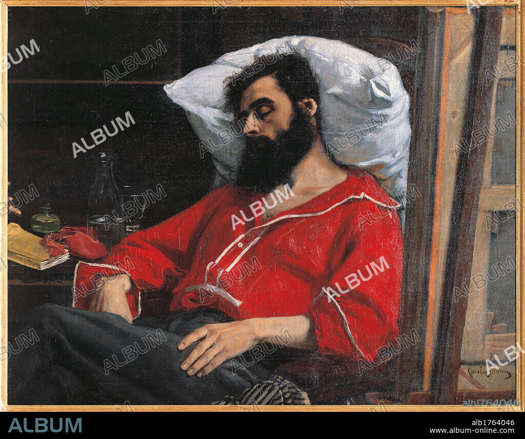 The Convalescent, or the Wounded Man, by Durand Charles Emile Auguste known as Carolus-Duran, 19th Century, oil on canvas, cm 99 x 126. France, Ile de France, Paris, Muse dOrsay, RF2251. All. Convalescent or wounded man pillow shirt red man beard bottle glass.