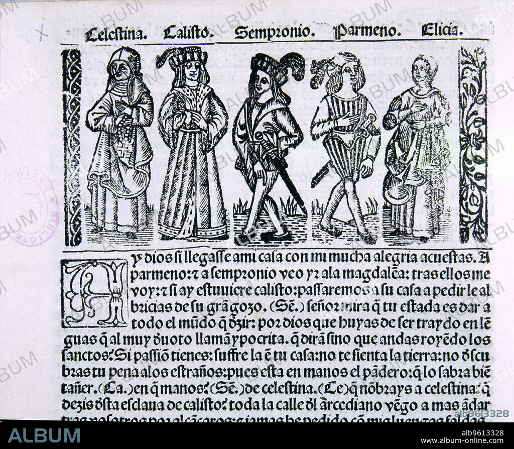 Title page of 'Libro de Calixto y Melibea y la puta vieja Celestina' (Book of Calixto and Melibea and the old whore Celestina), 1541, illustration with characters of the work.