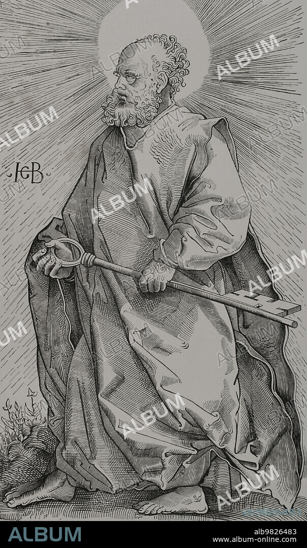 San Pedro (s. I a.C. - h. 67 d.C.). Uno de los apóstoles de Jesús de Nazaret. Facsímil de un grabado de Hans Baldung (h. 1485-1545), 1519. "Vie Militaire et Religieuse au et à l'Epoque de la Renaissance". Paris, 1877.