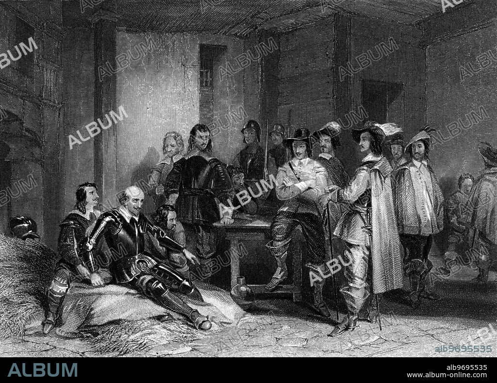 Death of General Lindsey (after the Battle of Edge Hill - 23 October 1642 - the first major armed conflict of the English Civil War) - George Cattermole. Robert Bertie, 1st Earl of Lindsey (17 December 1583 - Edge Hill 24 October 1642). Lord Lindsey was shot through the thigh bone on 23 October. His son, Lord Willoughby tended his father by lying him on a heap of straw in the nearest shed trying to staunch the blood. Lord Lindsey died the following morning from cold and loss of blood. ©TopFoto.