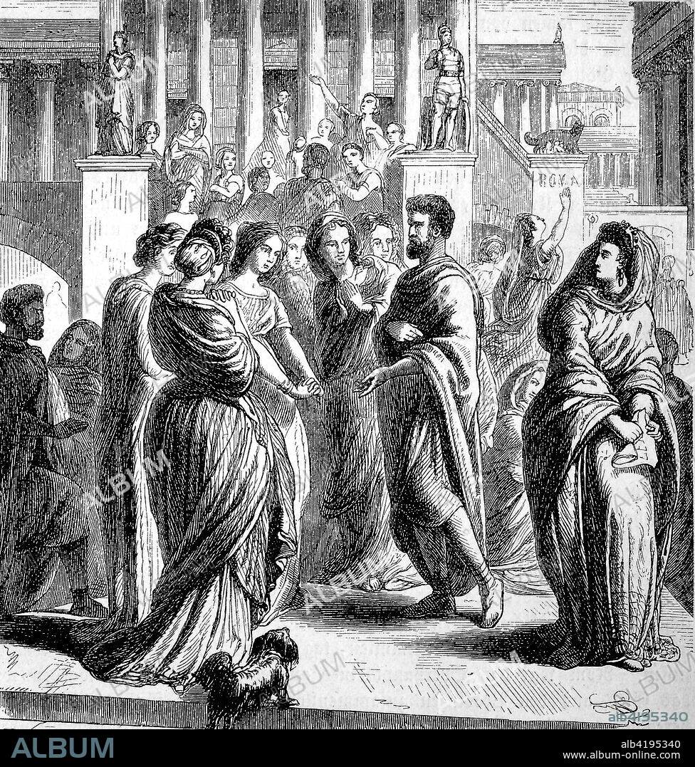 Consul Gaius Porcius Cato, 2.century BC, along with elegantly dressed Roman women, the story of the ancient Rome, roman Empire, Italy.