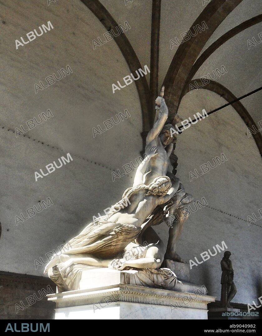 A statue group of the Rape of Polyxena, a diagonal sculpture by Pio Fedi, made in 1865. Stood in the statuary of the Loggia dei Lanzi, a building on a corner of the Piazza della Signoria in Florence, Italy. It adjoins to the Uffizi Gallery.