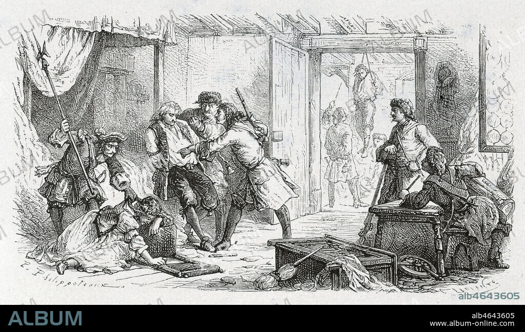 Dragonnades : logement force des dragons, les soldats du roi, chez les huguenots. Ceux ci sont pilles et maltraites jusqu'a ce qu'ils abjurent. Illustration par PHILIPPOTEAUX (1815-1884) tiree de l'Histoire de France de GUIZOT (1787-1874), publiee en 1875. Credit : Collection Jonas/KHARBINE-TAPABOR.
