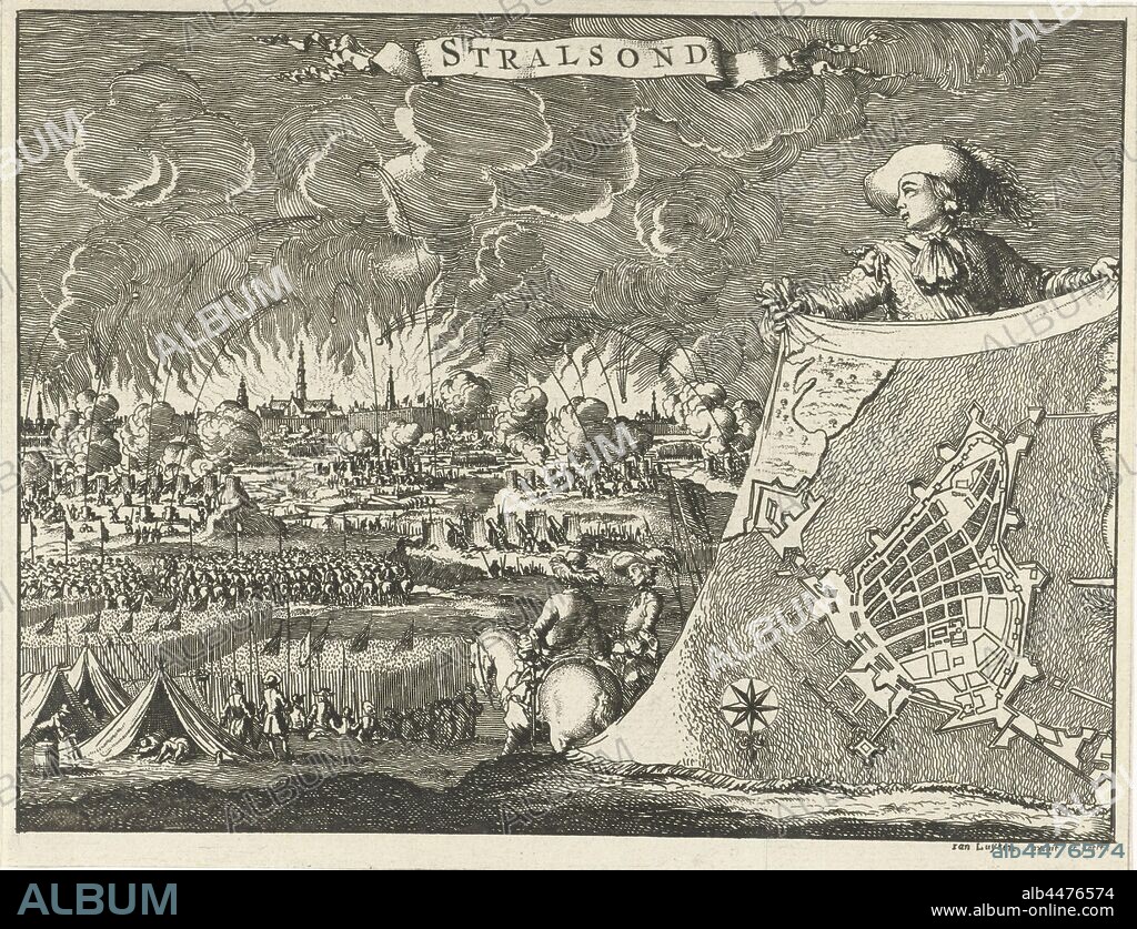 Siege of Stralsund, 1678 Stralsond (title on object), The Siege of Stralsund, 10 and 11 October 1678. After two days of bombing, the heavily destroyed Stralsund was handed over to the Brandenburg soldiers., Siege, position war, Stralsund, Jan Luyken (mentioned on object), Amsterdam, 1680, paper, etching, h 123 mm × w 159 mm.