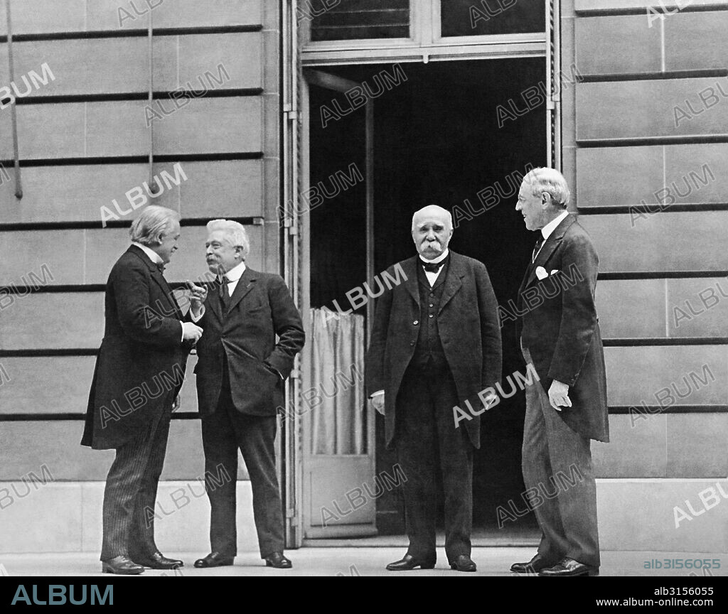 Paris, France:  1919 The Big Four at the Versailles Peace Conference. L-R are: Prime Minister Lloyd George of Great Britain, Prime Minister Vittorio Orlando of Italy, Premier Georges Clemenceau of France, and President Woodrow Wilson of the United States. They are  meeting at the Hotel Crillon in Paris.