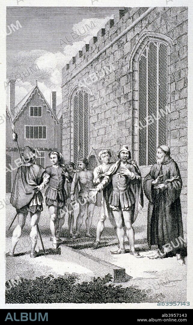 Scene outside the Tower of London, depicting the beheading of Lord Hastings, 1483 (c1850). William Hastings, 1st Baron Hastings (c1431-1483) was one of the most powerful figures in England during the reign of Edward IV. After Edward's death, Hastings was seen by Richard III as a threat to his rule, due to his having allied himself with Edward's widow, Elizabeth of Woodville, and their two sons (the Princes in the Tower). Although Hastings was too astute to challenge Richard directly the king had him beheaded in the courtyard of the Tower of London, the first recorded execution at the Tower.
