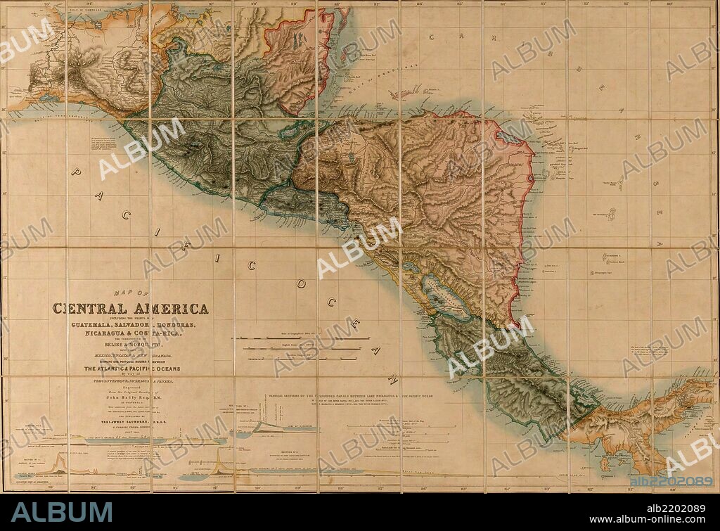 Map of Central America including the states of Guatemala, Salvador, Honduras, Nicaragua & Costa Rica, the territories of Belise & Mosquito, with parts of Mexico, Yucatan & New Granada : shewing the proposed routes between the Atlantic & Pacific Oceans by way of Tehuantepeque, Nicaragua & Panama; Includes four "vertical sections of the proposed canals between Lake Nicaragua & the Pacific Ocean".