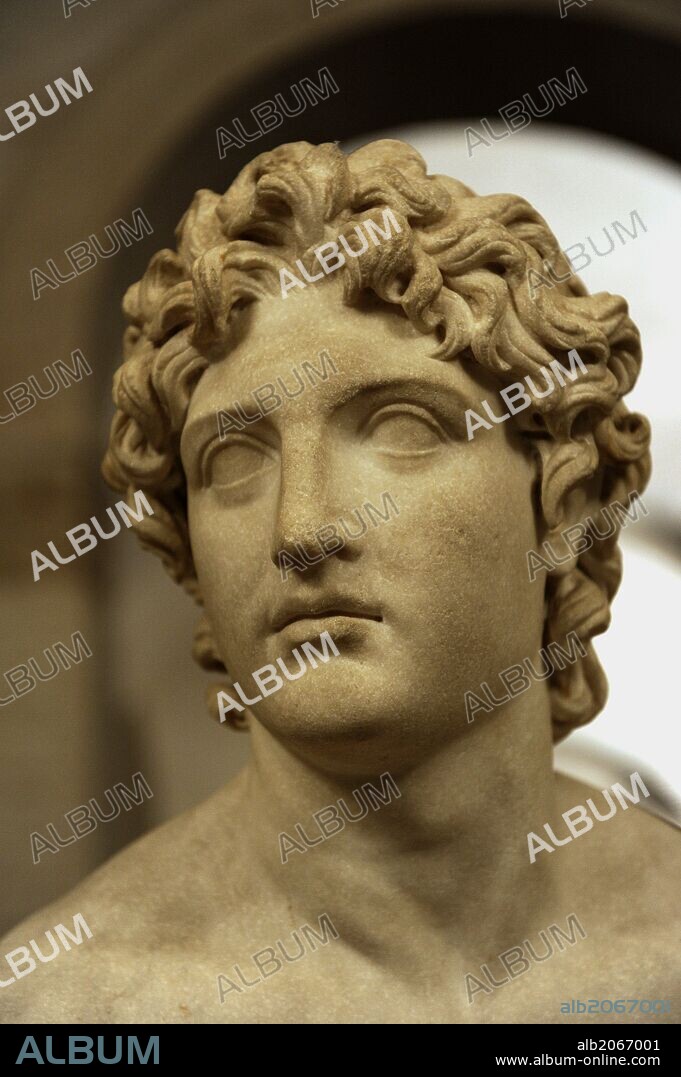 ALEJANDRO III el Magno (en gr. Aléxandros ho Mégas) (-356 a-323). Rey de Macedonia (-336 a-323). Rostro de "Alejandro Rondanini". Copia de una escultura romana de un retrato del 340 a. C. aproximandamente. Glyptothek. Munich. Alemania. Europa. GLYPTOTHEK. MUNICH.