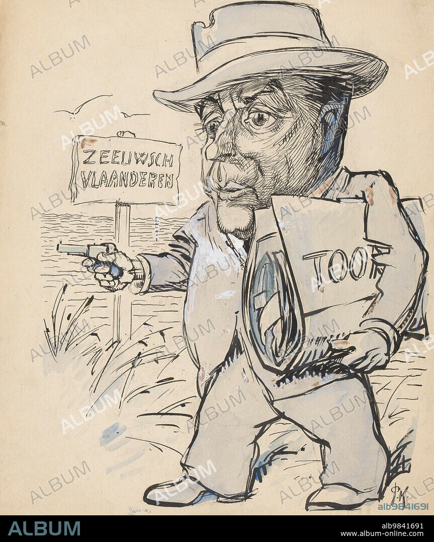 PATRICK KROON. Man with gun in Zeeuws-Vlaanderen, 1920-1930. Caricature of a man with a thick folder of documents on which is written the truncated word 'Too...'. Design for a political cartoon. A sitting woman on the back.