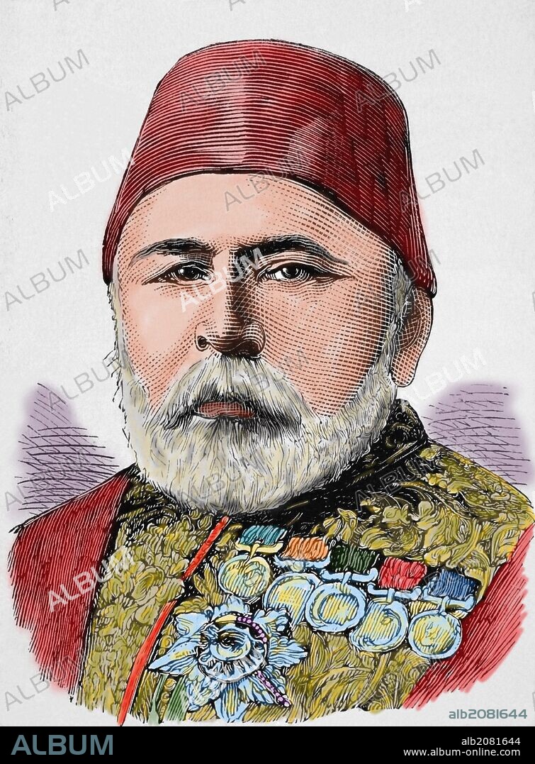 Hussein Awni pasha (Dostköy, 1819-Estambul, 1876). Estadista y general turco. Ministro de Guerra de 1869-1871 y 1876. Gran visir de 1874-1876. Encabezó la revolución palaciega que acabó con Abdul-Aziz. Fué asesinado poco después. Grabado por Rico. "La Ilustración Española y Americana", año 1876. Coloreado.