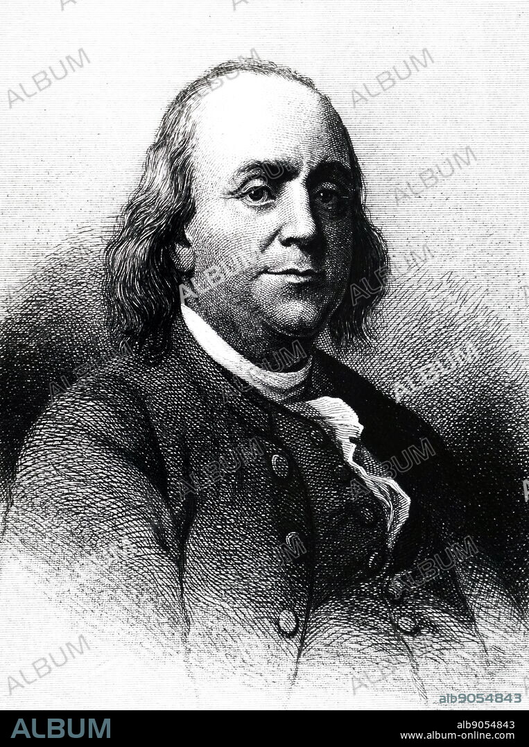 An engraving depicting Benjamin Franklin (1706-1790) one of the Founding Fathers, polymath, author, political theorist, printer, politician, Freemason, postmaster, scientist, inventor, civic activist, statesman, and diplomat. Dated 18th Century.