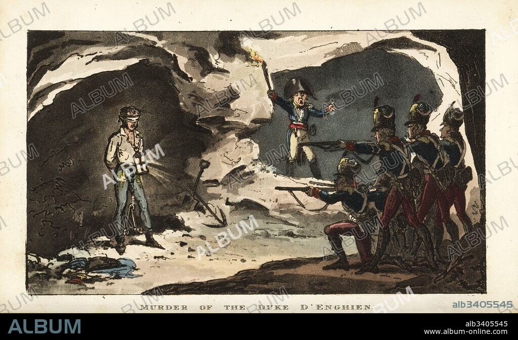Execution of Louis Antoine de Bourbon, Duke d'Enghien, by firing squad directed by Anne Jean Marie Rene Savary in the moat of Chateau de Vincennes, 1804. Handcoloured copperplate engraving by George Cruikshank from The Life of Napoleon a Hudibrastic Poem by Doctor Syntax, T. Tegg, London, 1815.