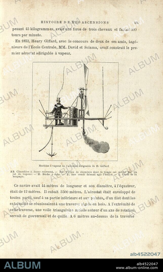 Steam engine of the airship dirigible of H. Giffard, Steam Generator for the Steerable Airship by Henri Giffard, Fig. 60, p. 235, 1887, Gaston Tissandier: Histoire de mes ascensions. Récit de quarante voyages aériens (1868-1886). Paris: Maurice Dreyfous, 1887.