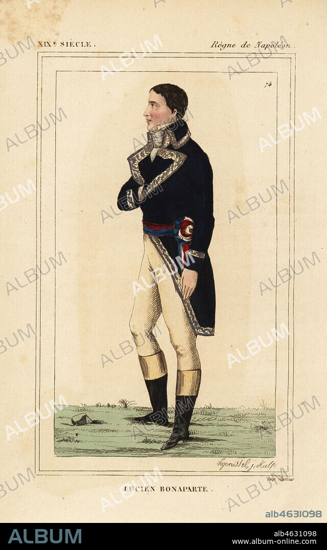 Lucien Bonaparte, Prince of Canino and Musignano, younger brother of Napoleon 1775-1840. Handcoloured lithograph by Legenissel from Le Bibliophile Jacob aka Paul Lacroix's Costumes Historiques de la France (Historical Costumes of France), Administration de Librairie, Paris, 1852.