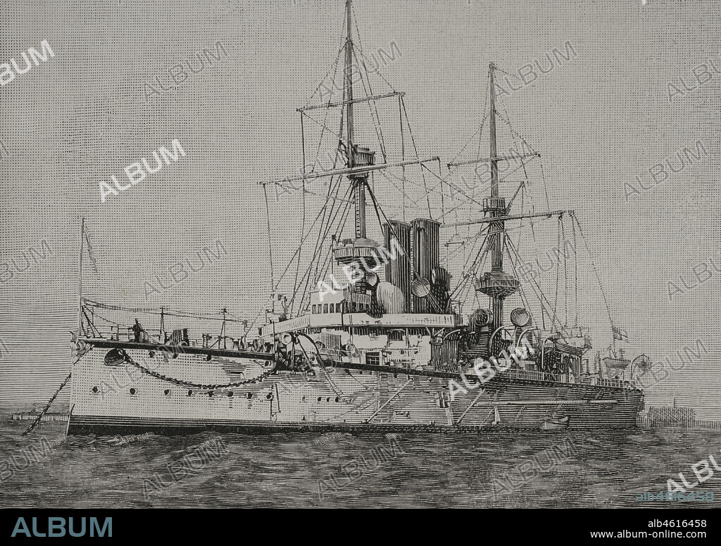 SAMPIETRO. 19TH CENTURY SPANISH ARTIST.. HMS Centurion (1892). Centurion-class battleship. It was built for the Royal Navy, assigned to the China Station as its flagship. Engraving by Sampietro. La Ilustración Española y Americana, 1898.